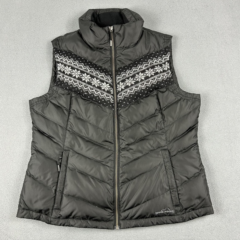 Eddie Bauer Vest Womens Large Black Goose Down Quilted Puffer Fair Isle Full Zip